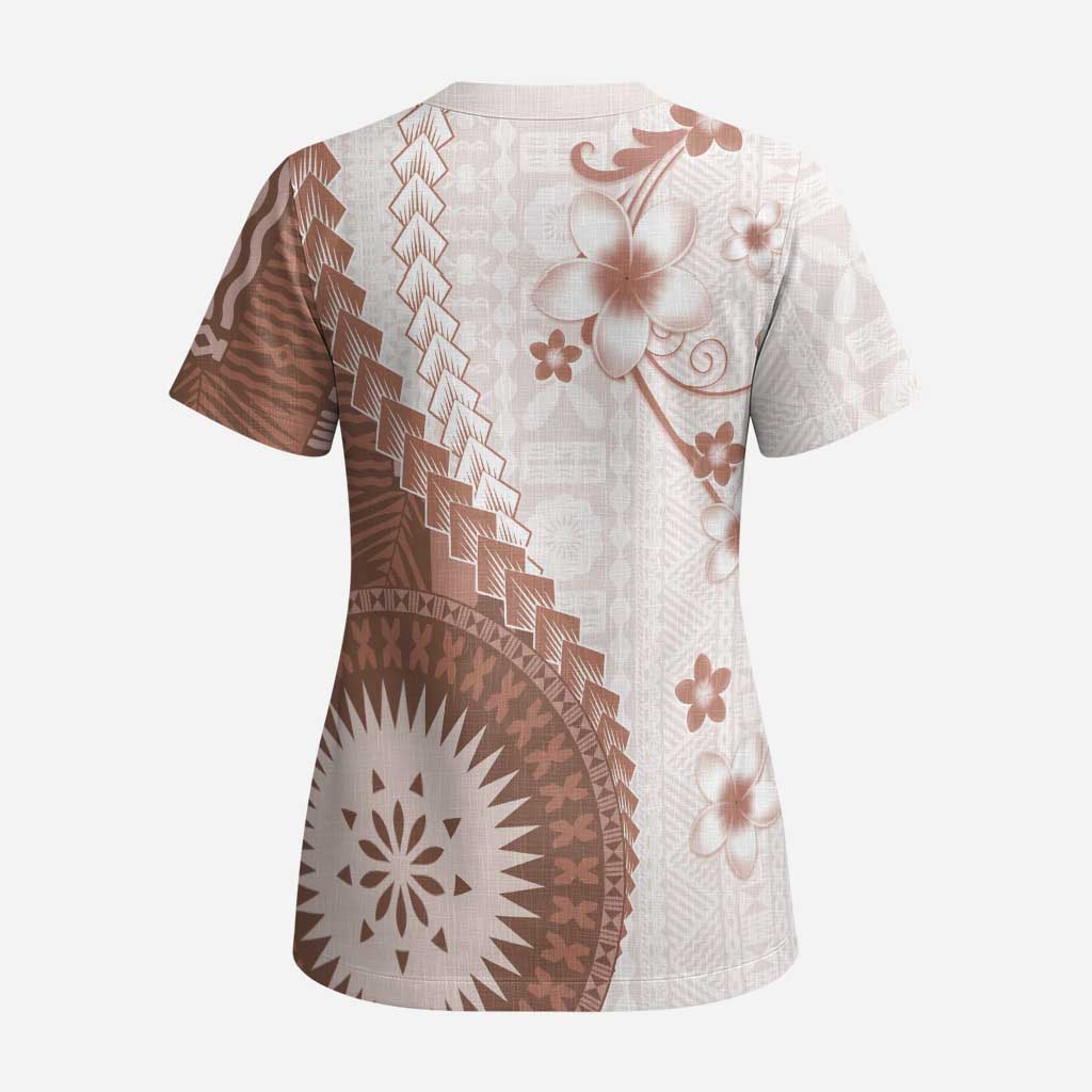 Bula Fiji Scrub Top Brown Plumeria Masi Tapa Pattern LT05 - Polynesian Pride