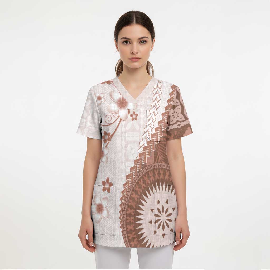 Bula Fiji Scrub Top Brown Plumeria Masi Tapa Pattern LT05 - Polynesian Pride