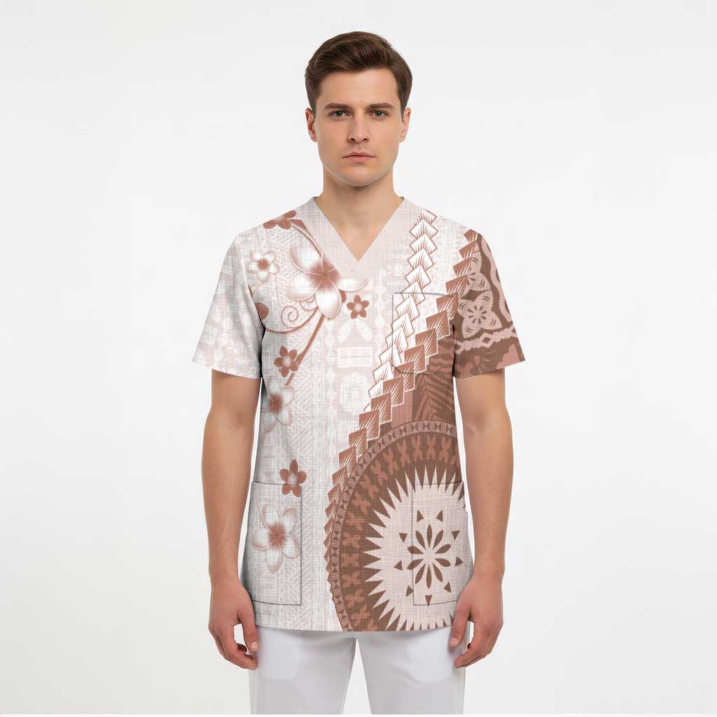 Bula Fiji Scrub Top Brown Plumeria Masi Tapa Pattern LT05 - Polynesian Pride