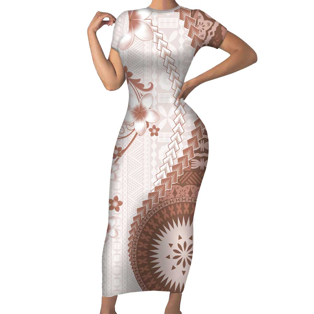 Bula Fiji Short Sleeve Bodycon Dress Brown Plumeria Masi Tapa Pattern LT05 Long Dress Brown - Polynesian Pride