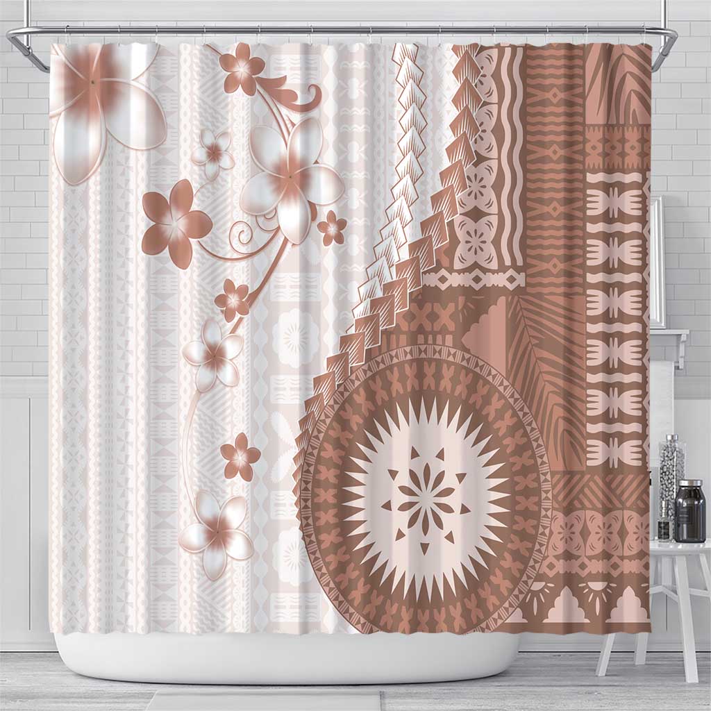Bula Fiji Shower Curtain Brown Plumeria Masi Tapa Pattern - Polynesian Pride