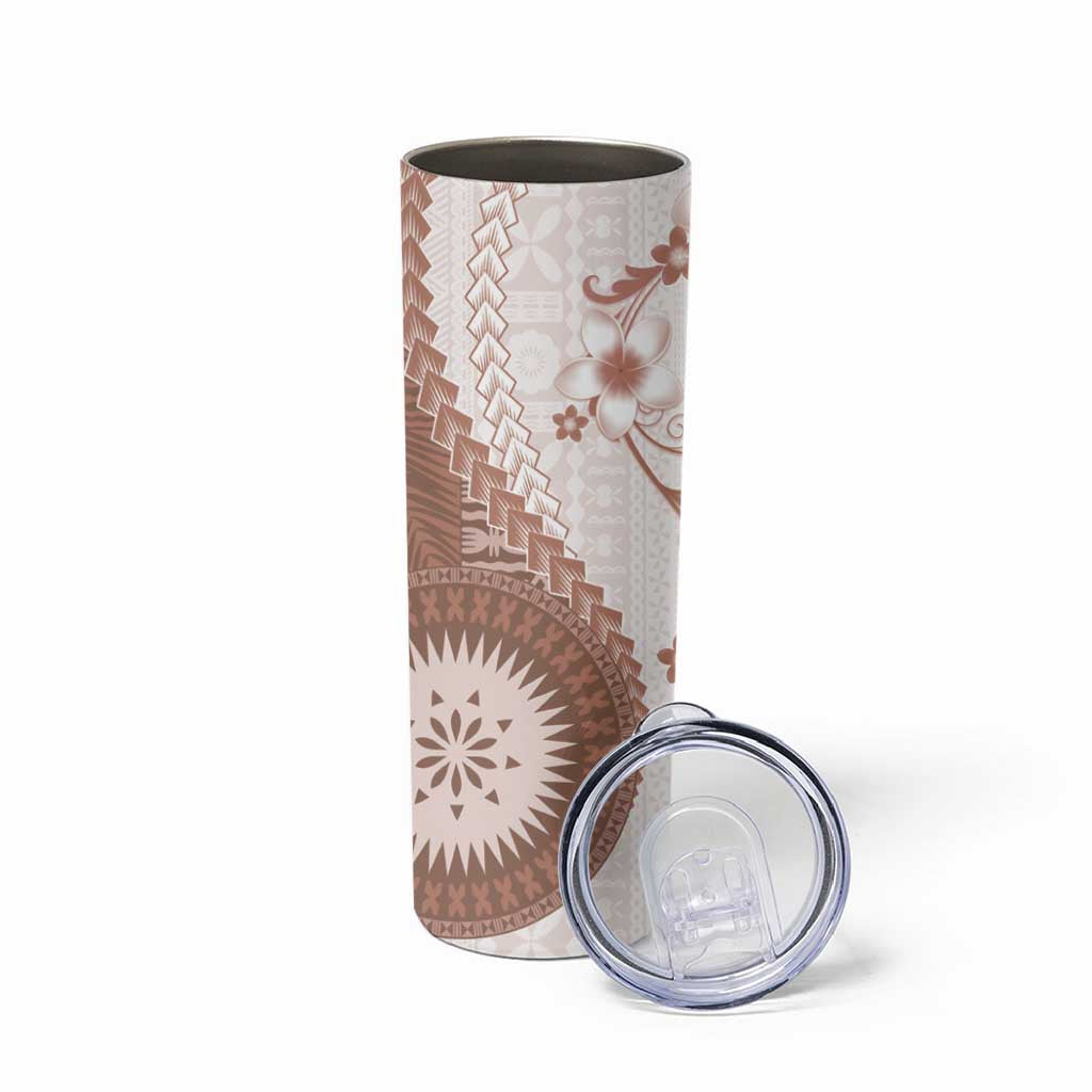 Bula Fiji Skinny Tumbler Brown Plumeria Masi Tapa Pattern - Polynesian Pride