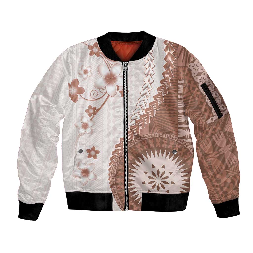 Bula Fiji Sleeve Zip Bomber Jacket Brown Plumeria Masi Tapa Pattern - Polynesian Pride