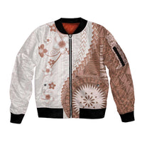 Bula Fiji Sleeve Zip Bomber Jacket Brown Plumeria Masi Tapa Pattern - Polynesian Pride