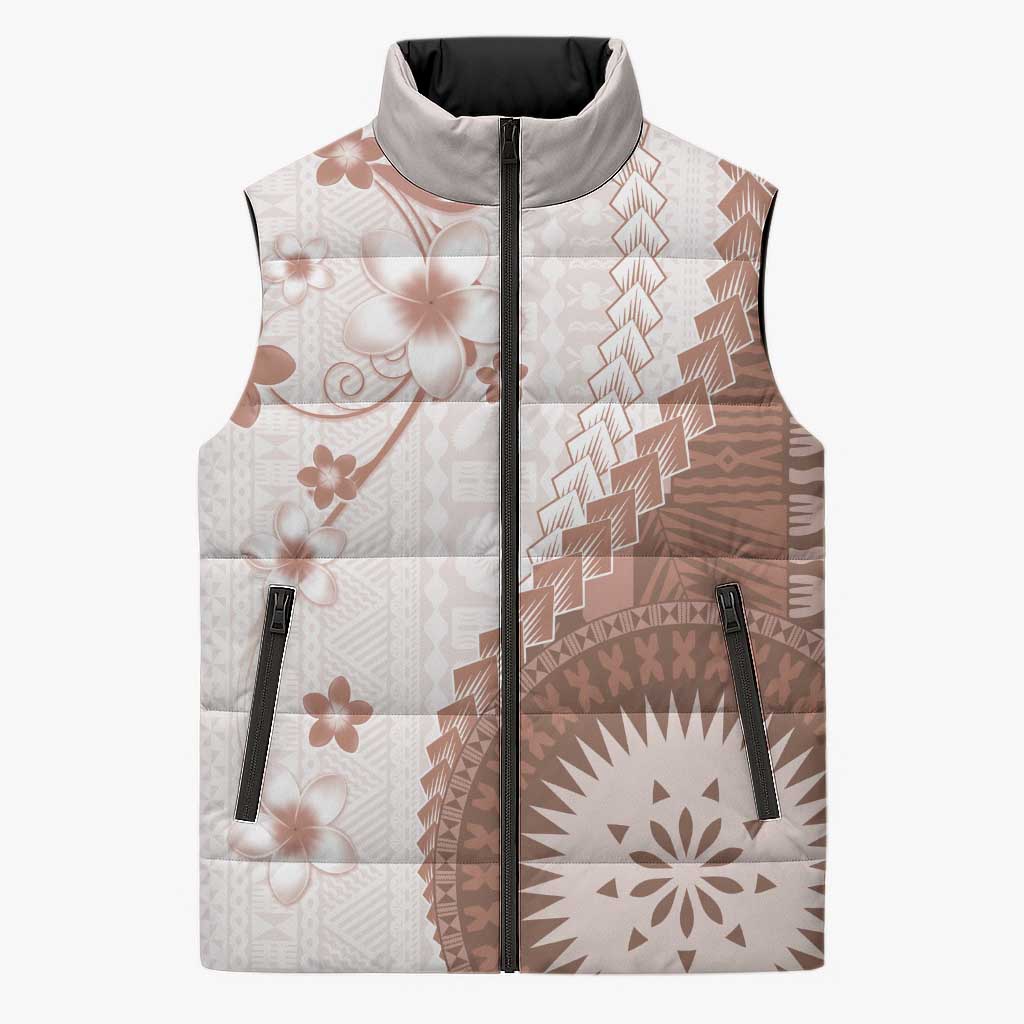 Bula Fiji Sleeveless Puffer Jacket Brown Plumeria Masi Tapa Pattern LT05 Unisex Brown - Polynesian Pride