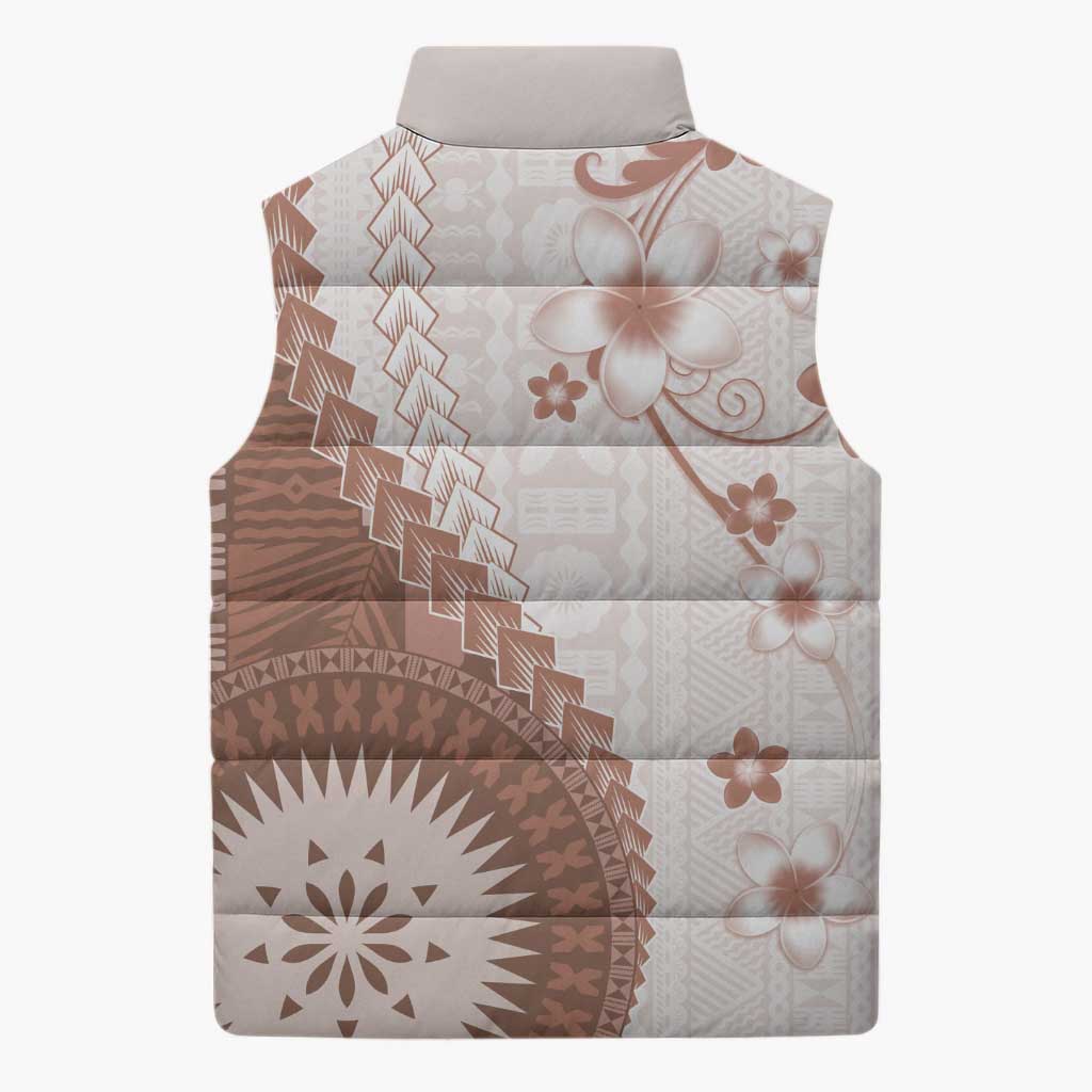 Bula Fiji Sleeveless Puffer Jacket Brown Plumeria Masi Tapa Pattern LT05 - Polynesian Pride