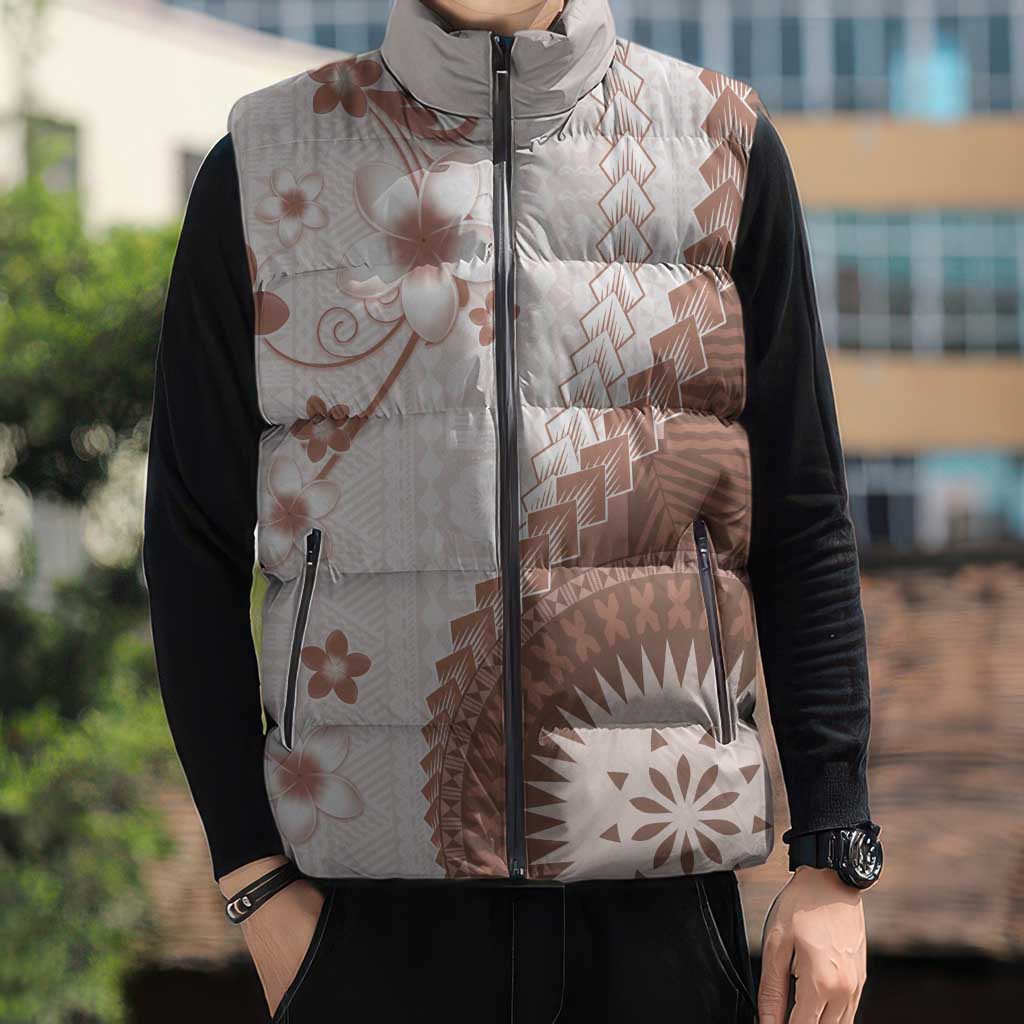 Bula Fiji Sleeveless Puffer Jacket Brown Plumeria Masi Tapa Pattern LT05 - Polynesian Pride