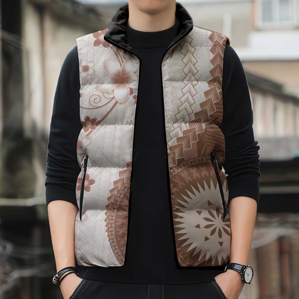Bula Fiji Sleeveless Puffer Jacket Brown Plumeria Masi Tapa Pattern LT05 - Polynesian Pride