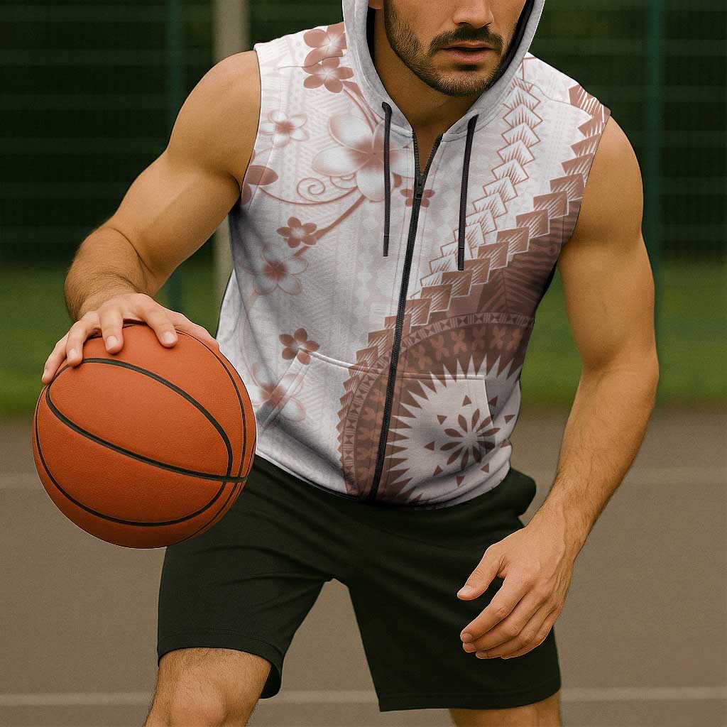 Bula Fiji Sleeveless Zip Hoodie Brown Plumeria Masi Tapa Pattern LT05 - Polynesian Pride