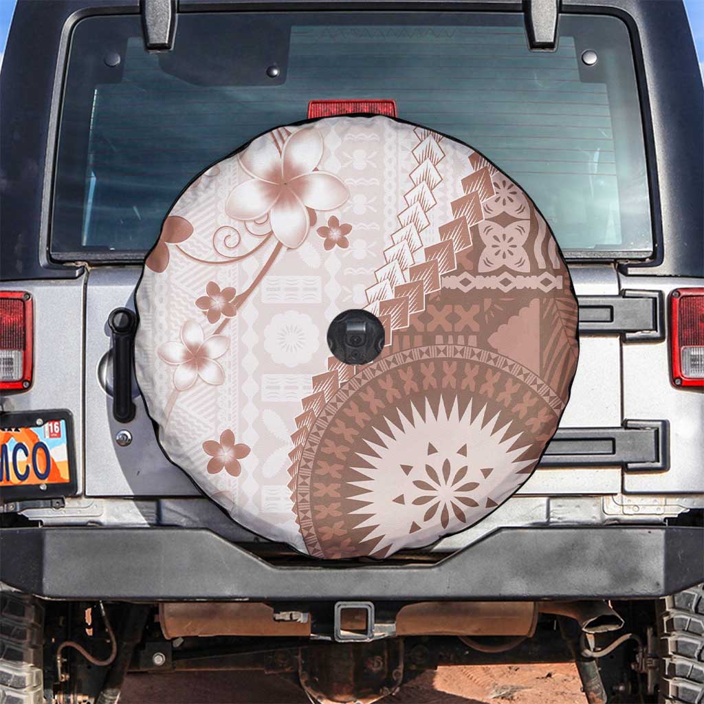 Bula Fiji Spare Tire Cover Brown Plumeria Masi Tapa Pattern - Polynesian Pride