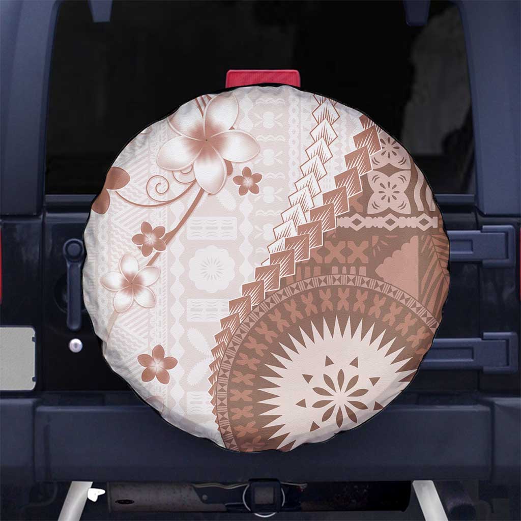 Bula Fiji Spare Tire Cover Brown Plumeria Masi Tapa Pattern - Polynesian Pride