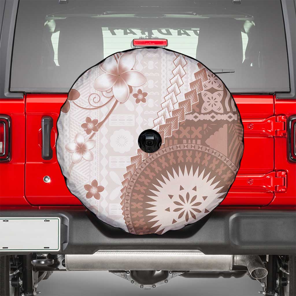 Bula Fiji Spare Tire Cover Brown Plumeria Masi Tapa Pattern - Polynesian Pride