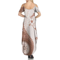 Bula Fiji Summer Maxi Dress Brown Plumeria Masi Tapa Pattern - Polynesian Pride