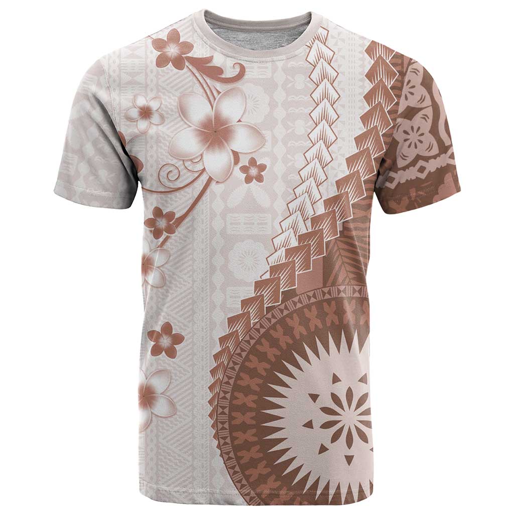 Bula Fiji T Shirt Brown Plumeria Masi Tapa Pattern - Polynesian Pride