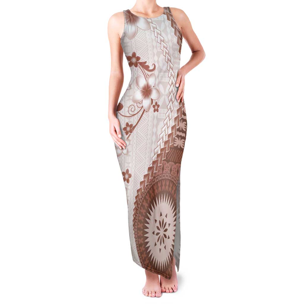 Bula Fiji Tank Maxi Dress Brown Plumeria Masi Tapa Pattern LT05 Women Brown - Polynesian Pride