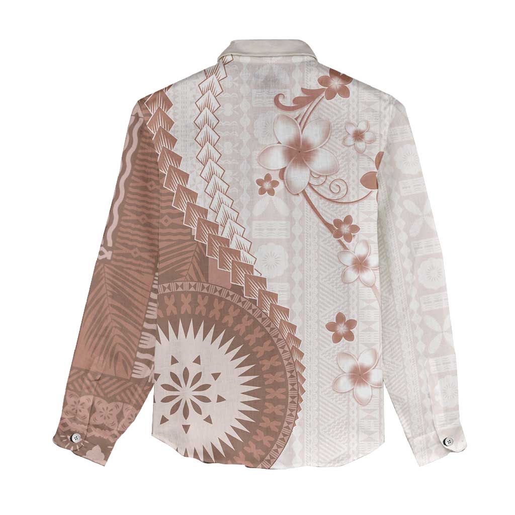 Bula Fiji Women Casual Shirt Brown Plumeria Masi Tapa Pattern - Polynesian Pride
