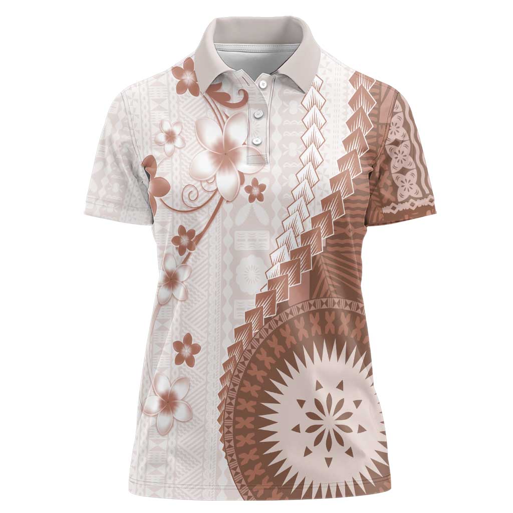 Bula Fiji Women Polo Shirt Brown Plumeria Masi Tapa Pattern - Polynesian Pride