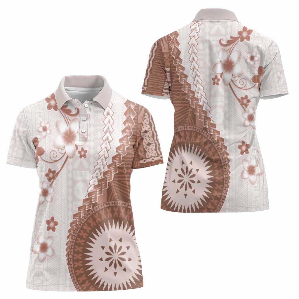 Bula Fiji Women Polo Shirt Brown Plumeria Masi Tapa Pattern - Polynesian Pride