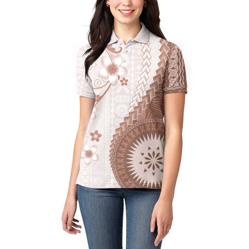 Bula Fiji Women Polo Shirt Brown Plumeria Masi Tapa Pattern - Polynesian Pride