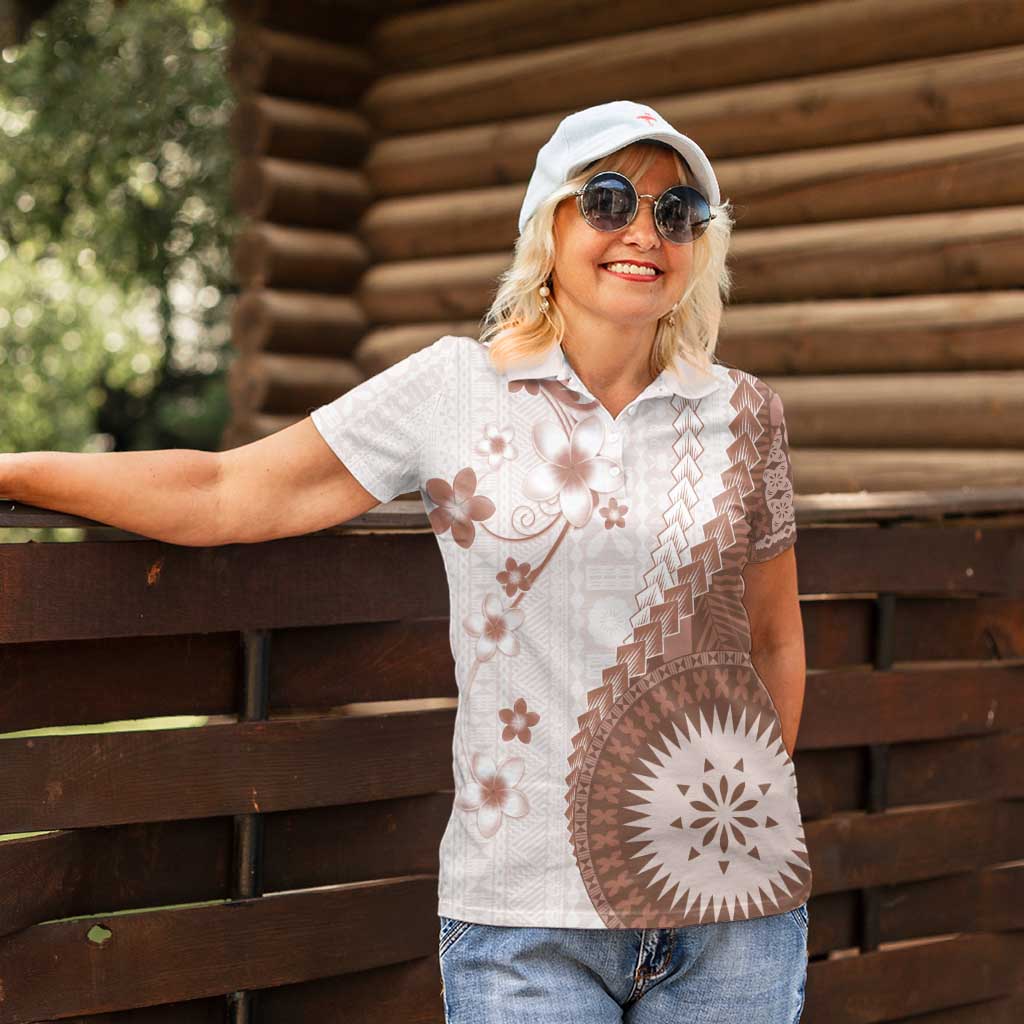 Bula Fiji Women Polo Shirt Brown Plumeria Masi Tapa Pattern - Polynesian Pride