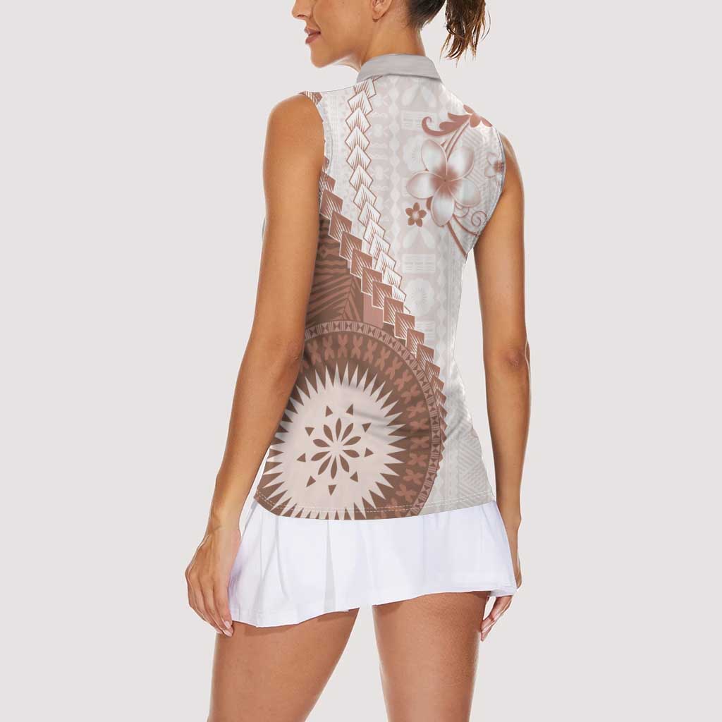 Bula Fiji Women Sleeveless Polo Shirt Brown Plumeria Masi Tapa Pattern - Polynesian Pride