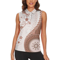 Bula Fiji Women Sleeveless Polo Shirt Brown Plumeria Masi Tapa Pattern - Polynesian Pride