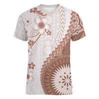 Bula Fiji Women V-Neck T-Shirt Brown Plumeria Masi Tapa Pattern LT05 Female Brown - Polynesian Pride