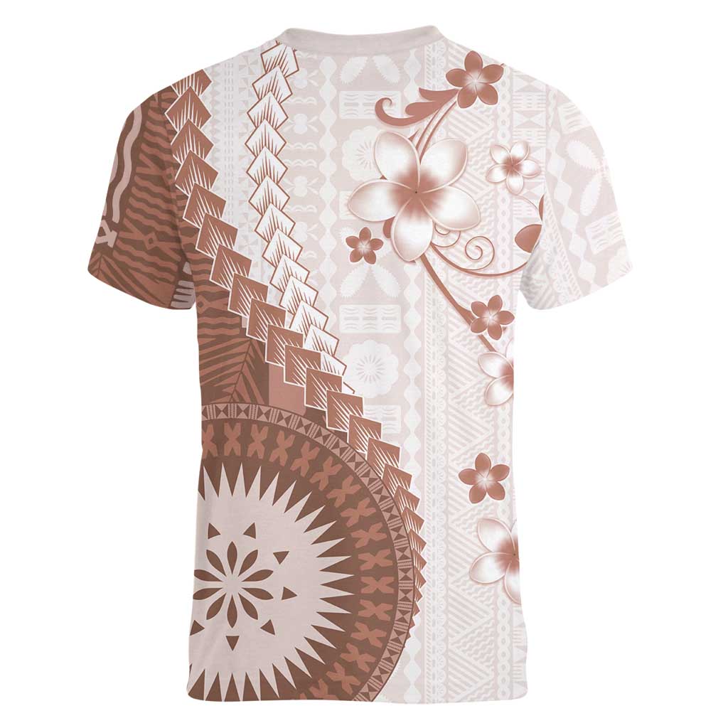 Bula Fiji Women V-Neck T-Shirt Brown Plumeria Masi Tapa Pattern LT05 - Polynesian Pride