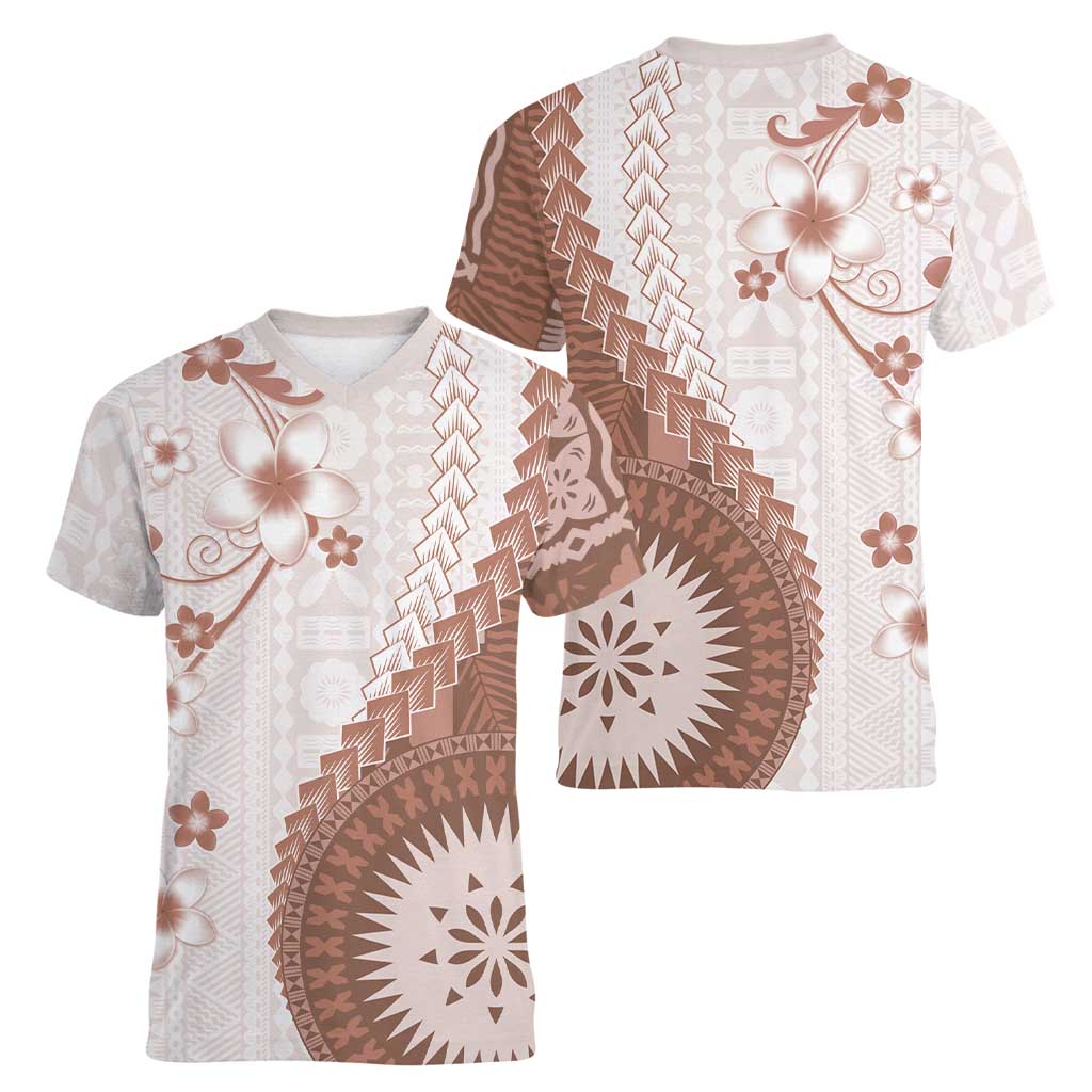 Bula Fiji Women V-Neck T-Shirt Brown Plumeria Masi Tapa Pattern LT05 - Polynesian Pride