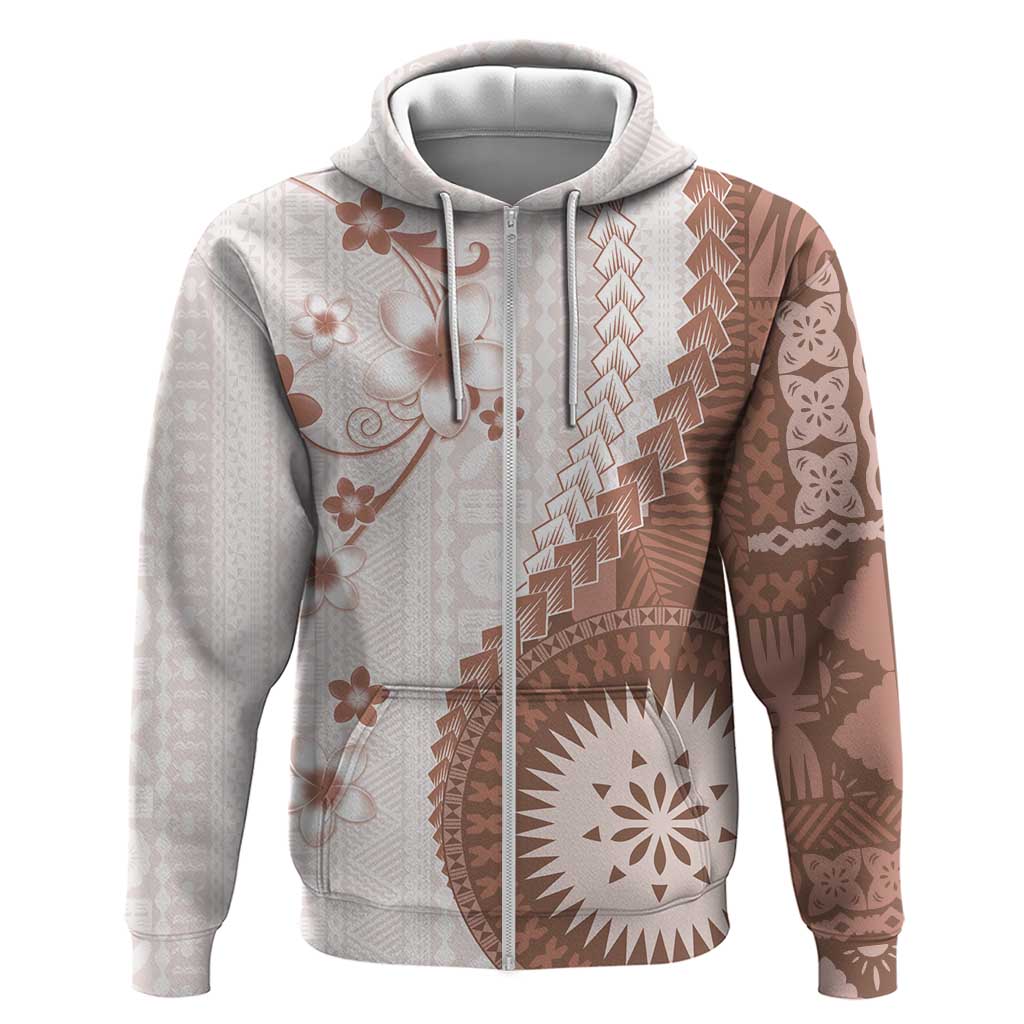 Bula Fiji Zip Hoodie Brown Plumeria Masi Tapa Pattern LT05 Zip Hoodie Brown - Polynesian Pride