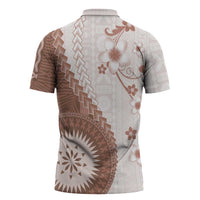 Bula Fiji Zipper Polo Shirt Brown Plumeria Masi Tapa Pattern LT05 - Polynesian Pride