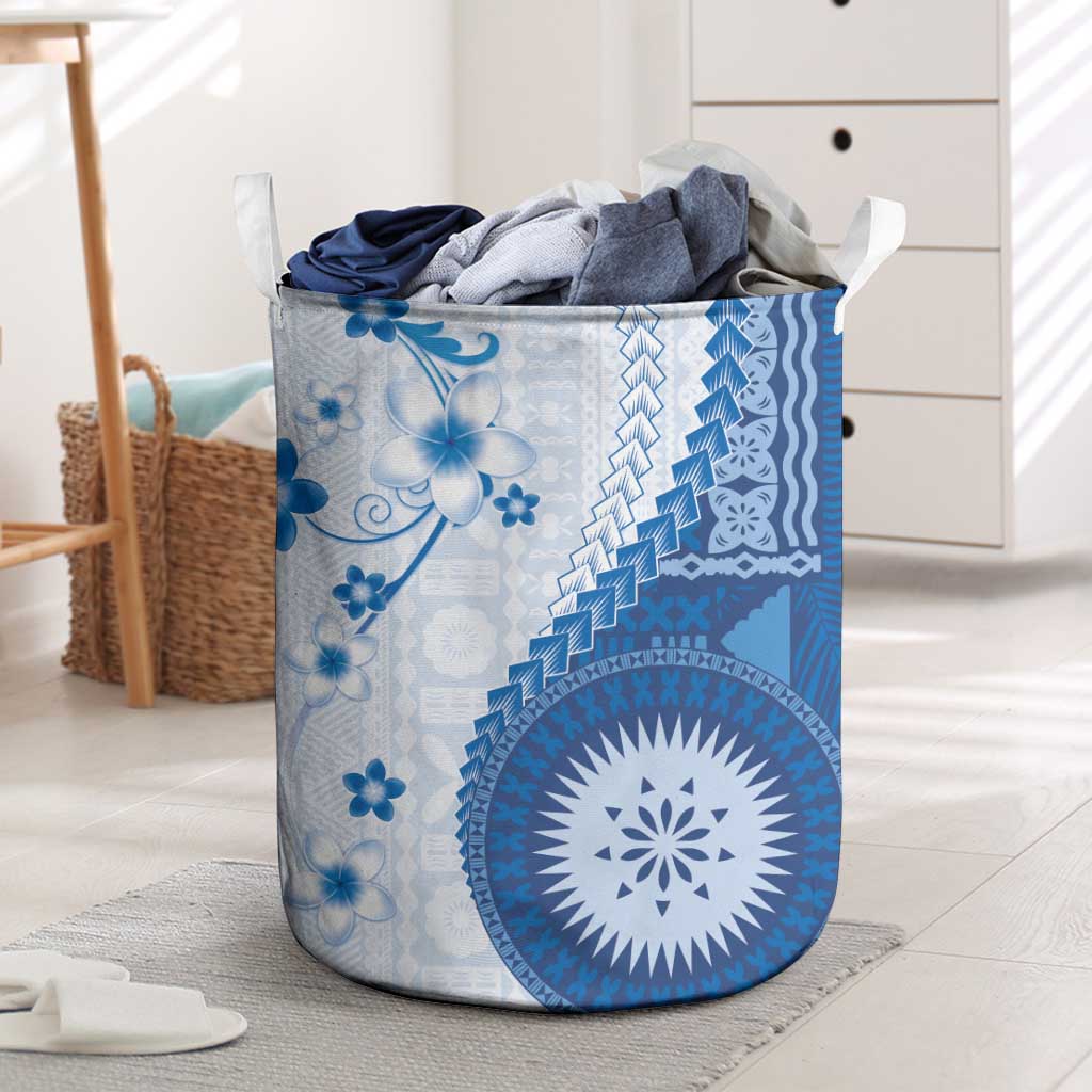 Bula Fiji Laundry Basket Blue Plumeria Masi Tapa Pattern - Polynesian Pride