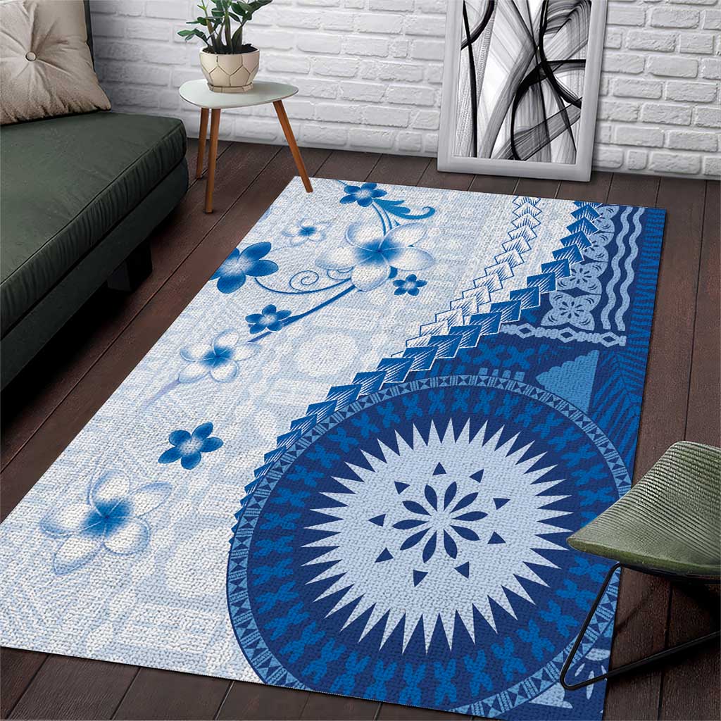 Bula Fiji Area Rug Blue Plumeria Masi Tapa Pattern - Polynesian Pride