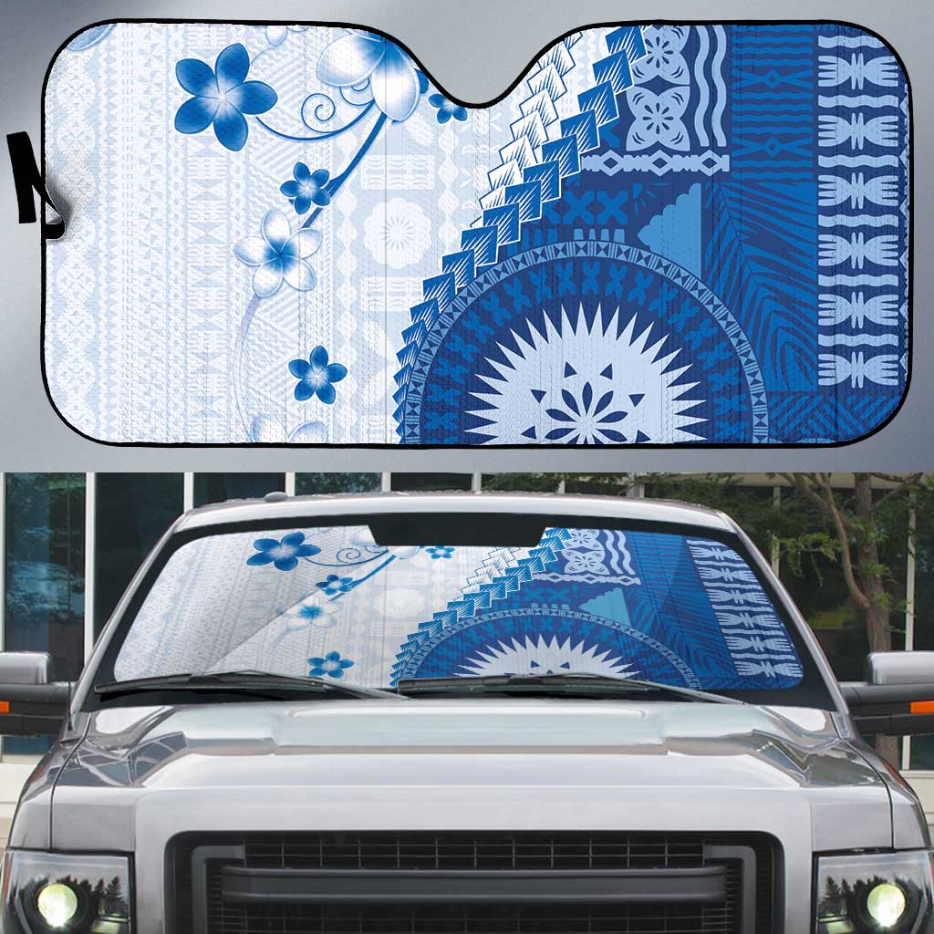 Bula Fiji Auto Sun Shade Blue Plumeria Masi Tapa Pattern - Polynesian Pride