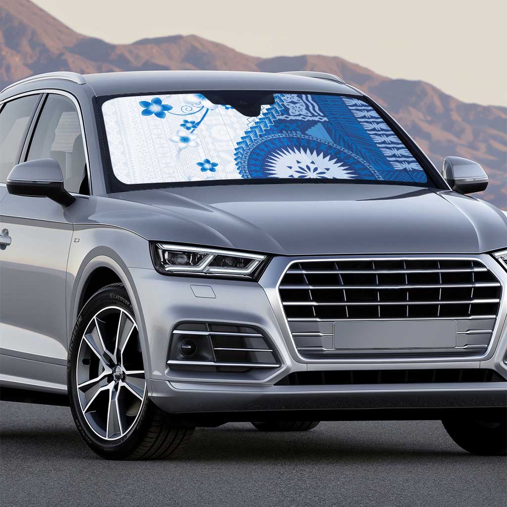 Bula Fiji Auto Sun Shade Blue Plumeria Masi Tapa Pattern - Polynesian Pride