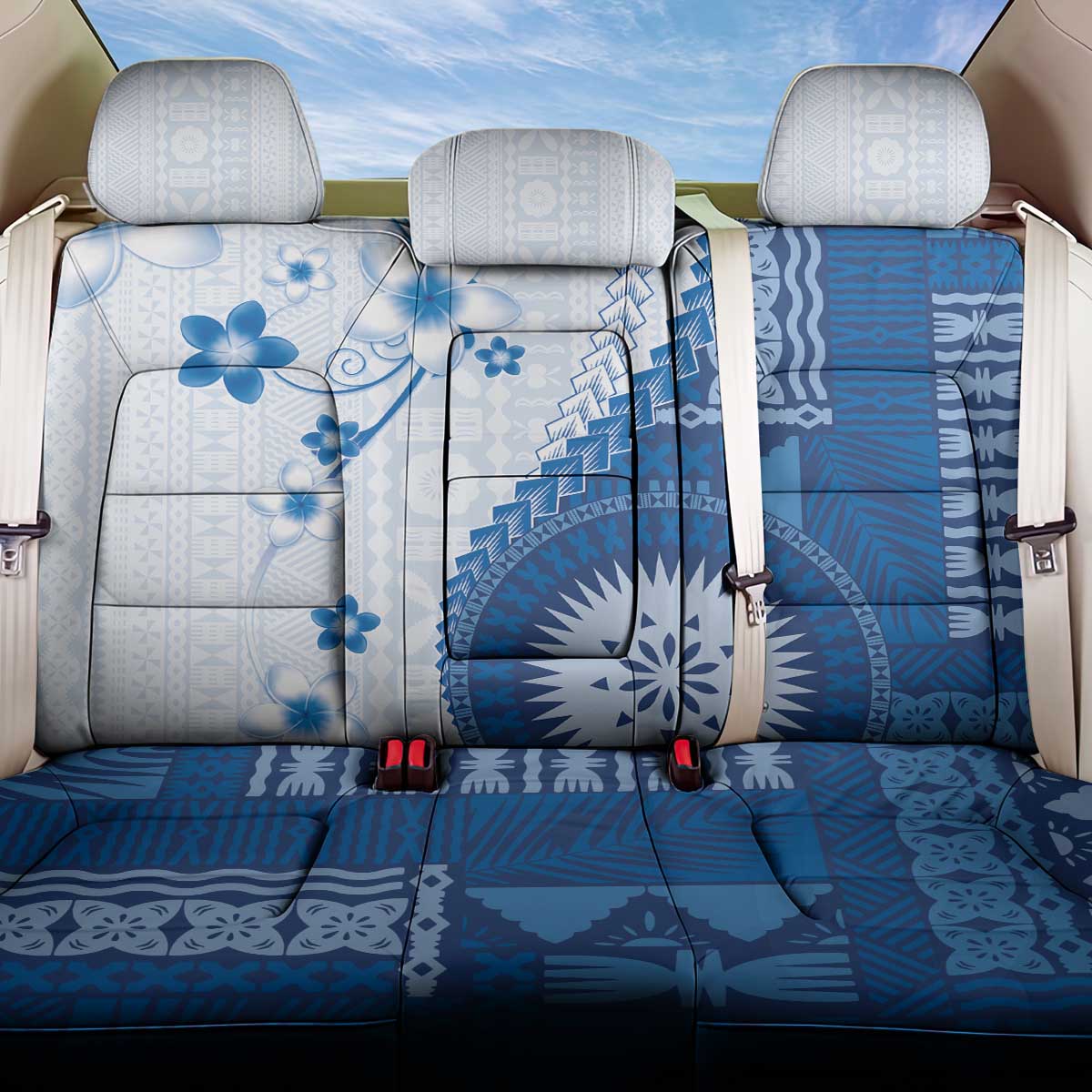 Bula Fiji Back Car Seat Cover Blue Plumeria Masi Tapa Pattern - Polynesian Pride