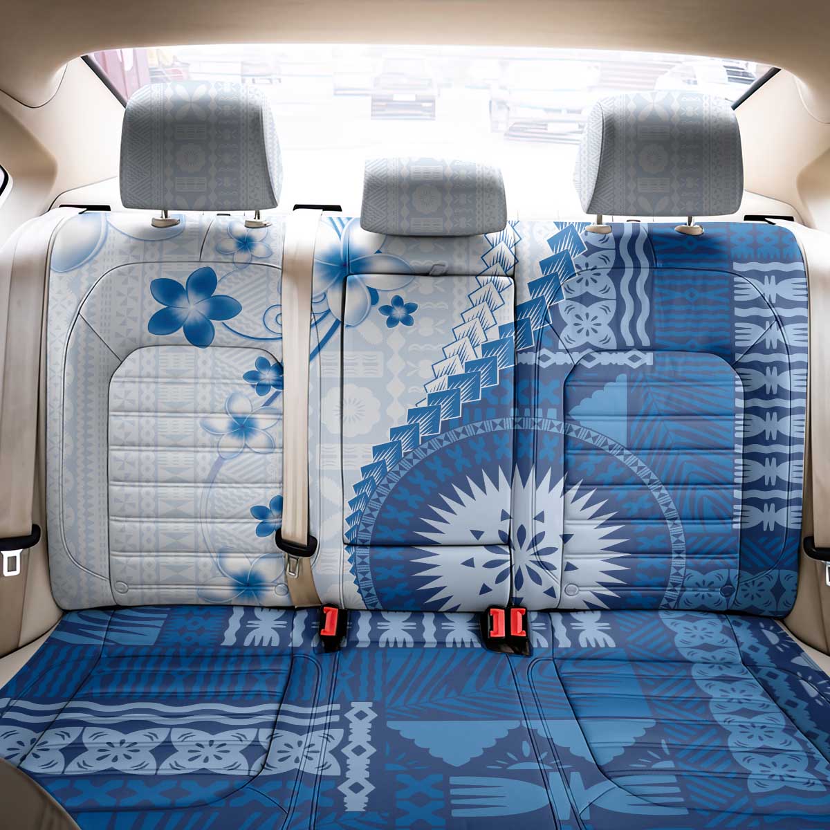 Bula Fiji Back Car Seat Cover Blue Plumeria Masi Tapa Pattern - Polynesian Pride