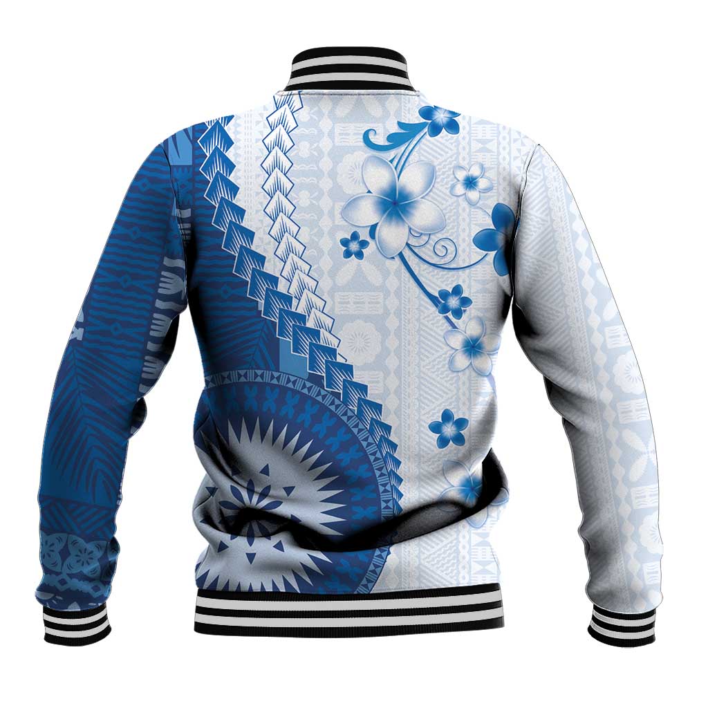Bula Fiji Baseball Jacket Blue Plumeria Masi Tapa Pattern LT05 - Polynesian Pride