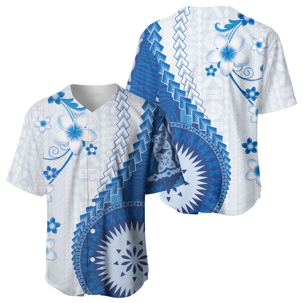 Bula Fiji Baseball Jersey Blue Plumeria Masi Tapa Pattern LT05 - Polynesian Pride