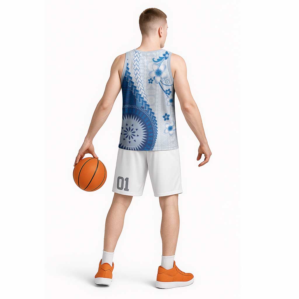 Bula Fiji Basketball Jersey Blue Plumeria Masi Tapa Pattern - Polynesian Pride
