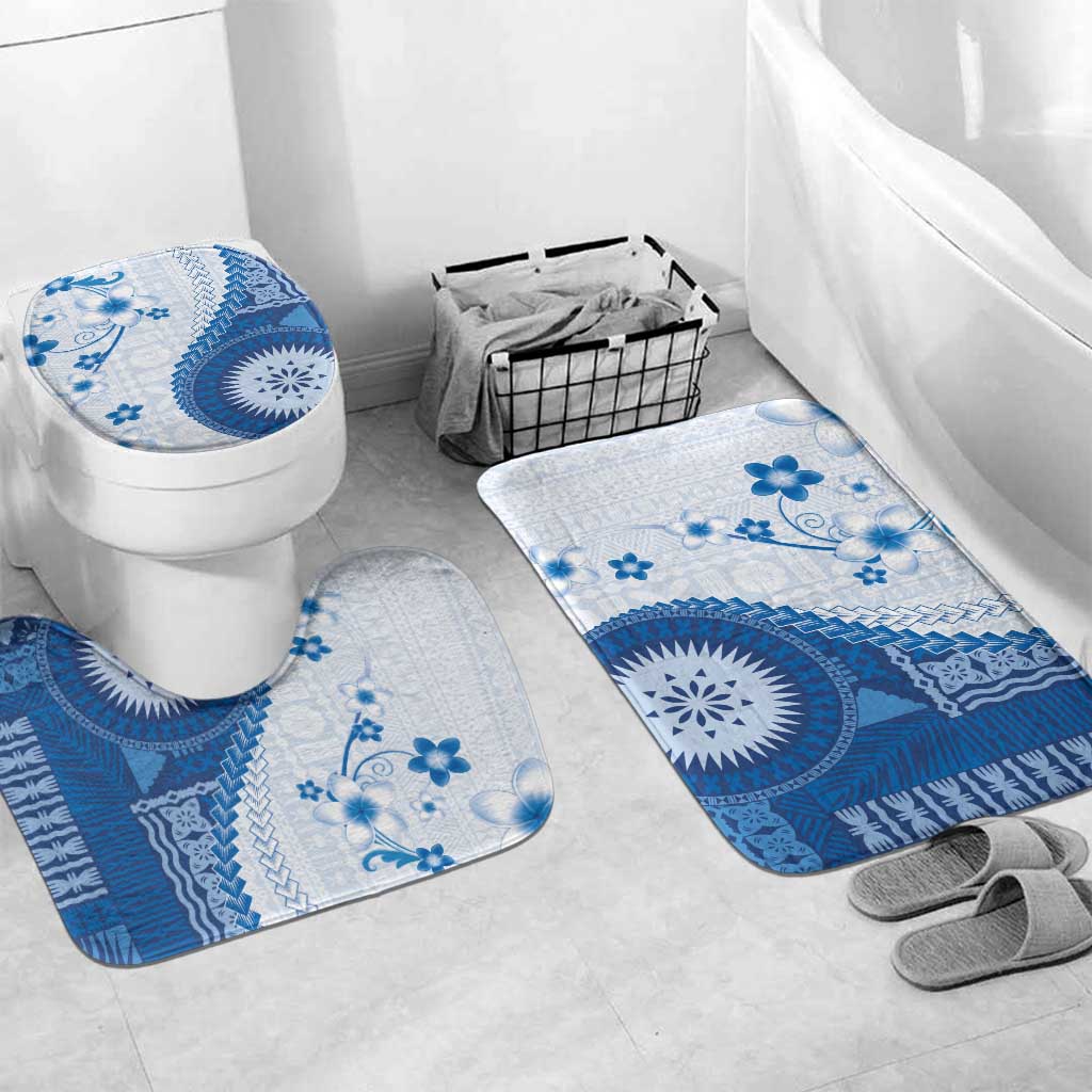 Bula Fiji Bathroom Set Blue Plumeria Masi Tapa Pattern LT05 Mat Set Only (3 pcs) One Size Blue - Polynesian Pride