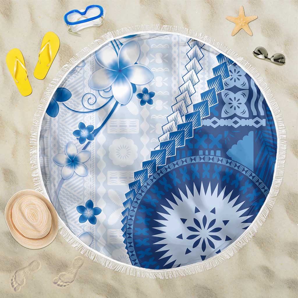 Bula Fiji Beach Blanket Blue Plumeria Masi Tapa Pattern - Polynesian Pride