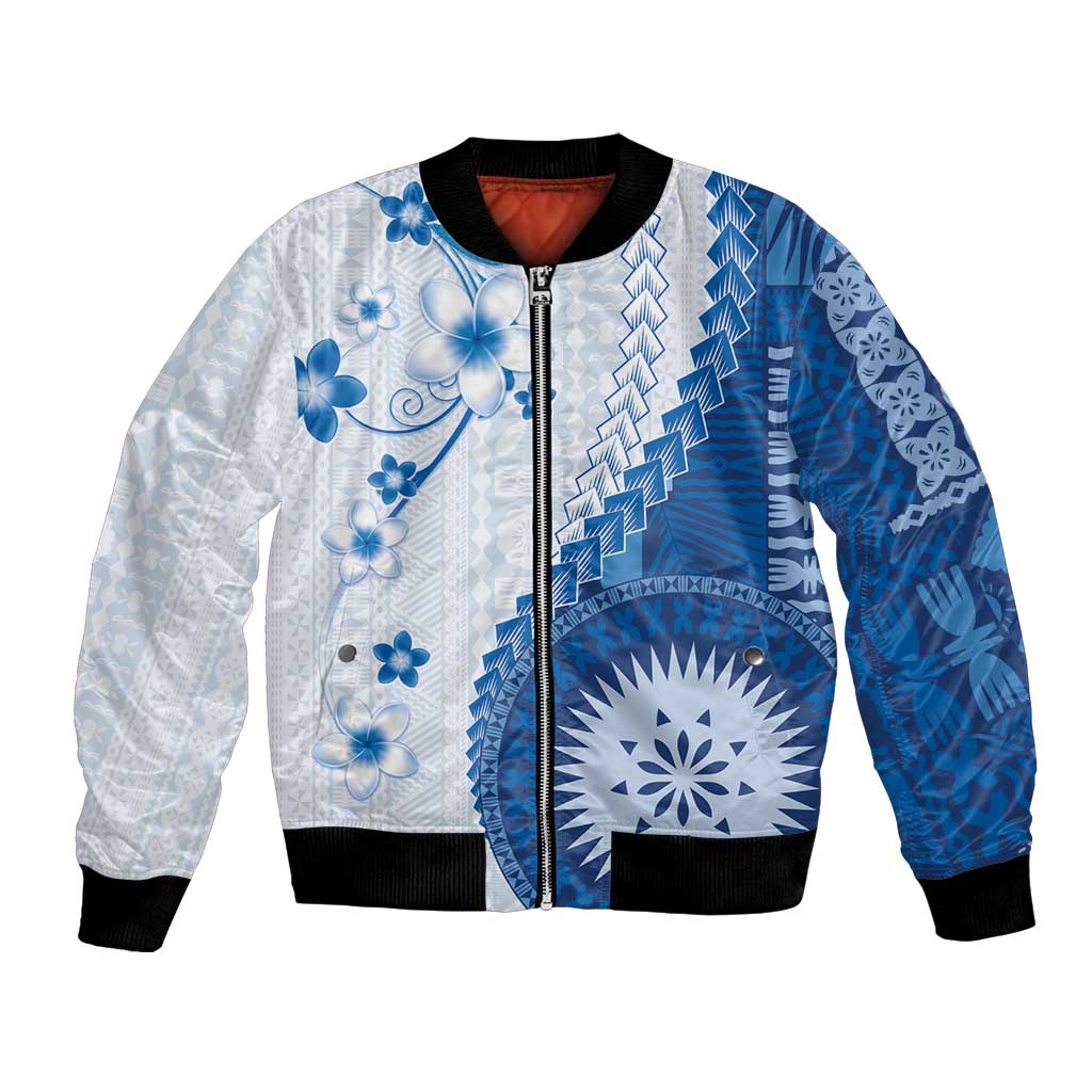 Bula Fiji Bomber Jacket Blue Plumeria Masi Tapa Pattern - Polynesian Pride