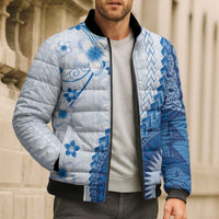 Bula Fiji Bomber Puffer Jacket Blue Plumeria Masi Tapa Pattern - Polynesian Pride