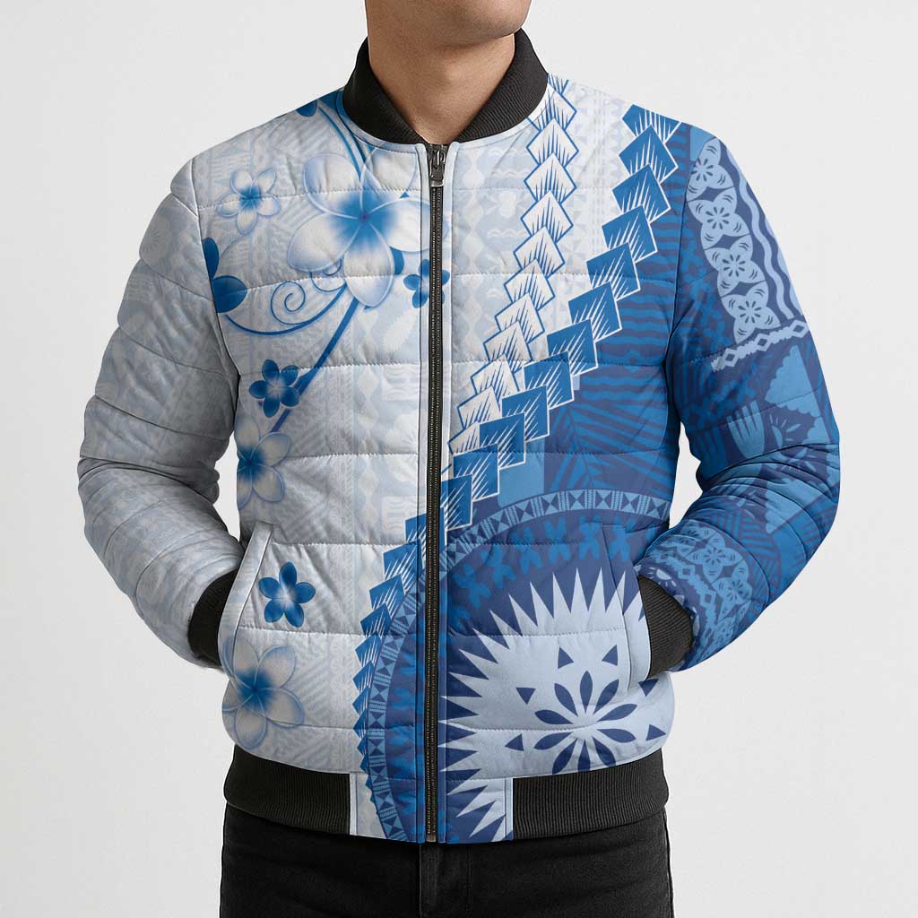 Bula Fiji Bomber Puffer Jacket Blue Plumeria Masi Tapa Pattern - Polynesian Pride