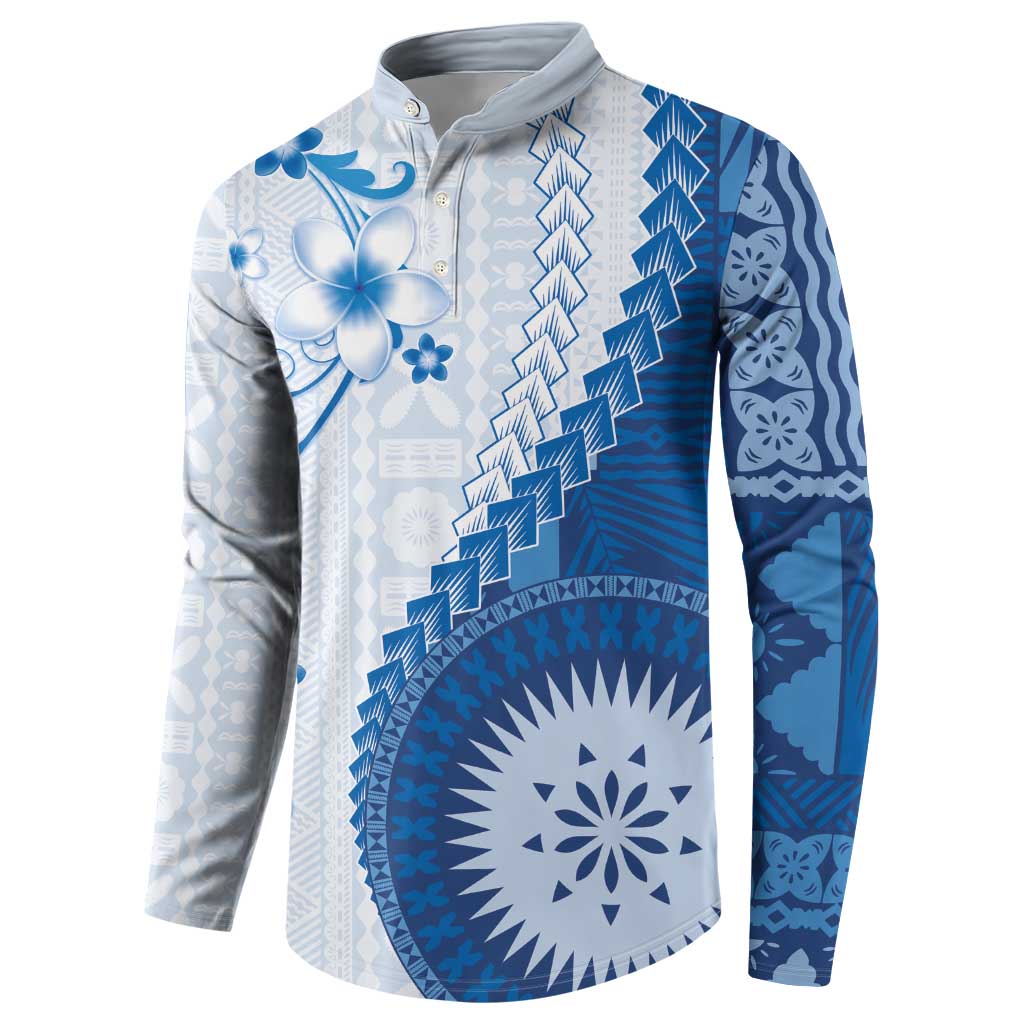 Bula Fiji Button Sweatshirt Blue Plumeria Masi Tapa Pattern - Polynesian Pride