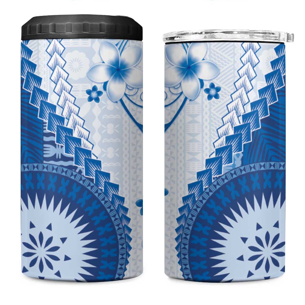 Bula Fiji 4 in 1 Can Cooler Tumbler Blue Plumeria Masi Tapa Pattern - Polynesian Pride