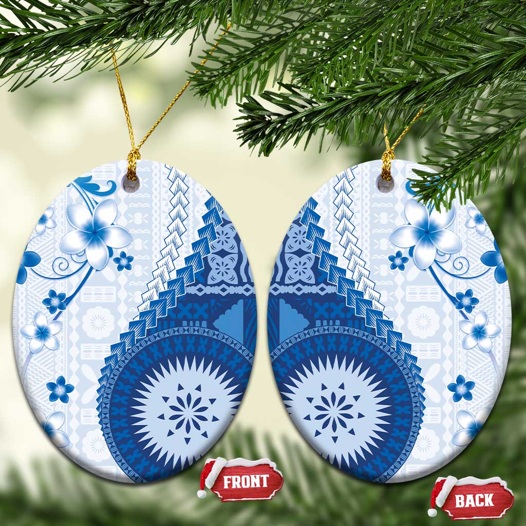 Bula Fiji Ceramic Ornament Blue Plumeria Masi Tapa Pattern - Polynesian Pride