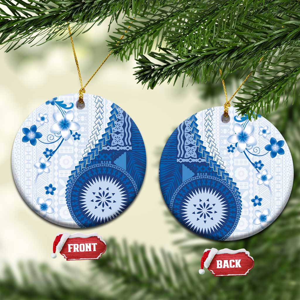 Bula Fiji Ceramic Ornament Blue Plumeria Masi Tapa Pattern - Polynesian Pride