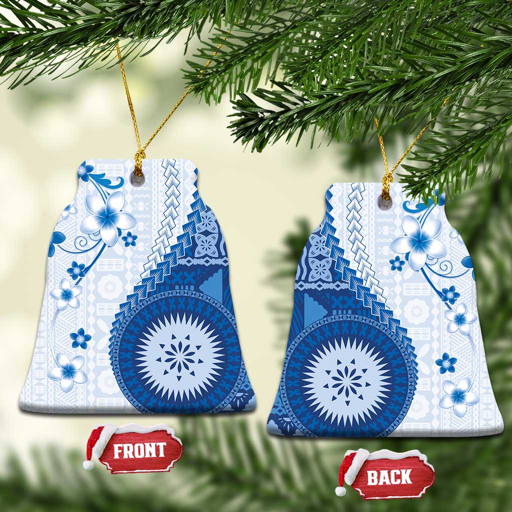 Bula Fiji Ceramic Ornament Blue Plumeria Masi Tapa Pattern - Polynesian Pride